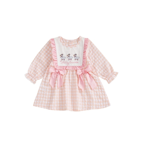 BemeyourBBs Toddler Baby Girl Silly Goose Outfit Plaid Gingham Dress Spring Summer Clothes Bow Goose Letter Ruffle Long Sleeve A-line Dress