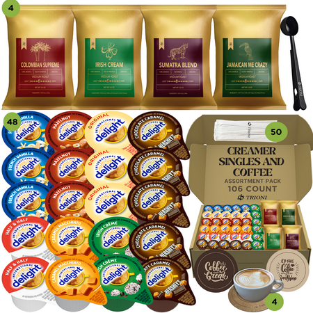 International Delight Coffee Creamer Singles Bundle with 4 Ground Coffee Packets - 106ct - Hersheys, Irish & 5 More Flavored Creamer