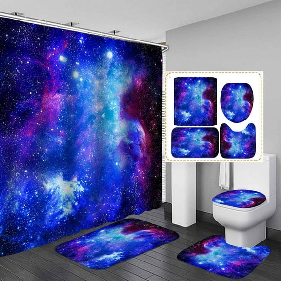 4PCS Teal Blue Purple Galaxy Shower Curtain Set, Waterproof Fabric Shower Curtain, Non-Slip Bath Mat Bathroom Rugs, Fantasy Starry Sky Universe Outer Space Nebula Planet Galaxy Bathroom Decor