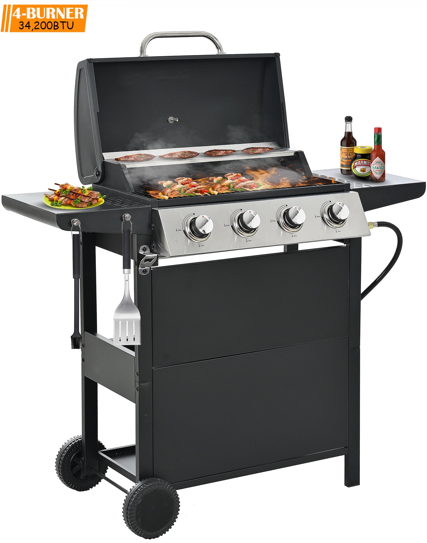 40,000BTU Grill w/Brush, 4-Burner Propane Gas Grill Stainless Steel, Outdoor Camping BBQ Grill on Wheels Portable for Patio Poolside RV