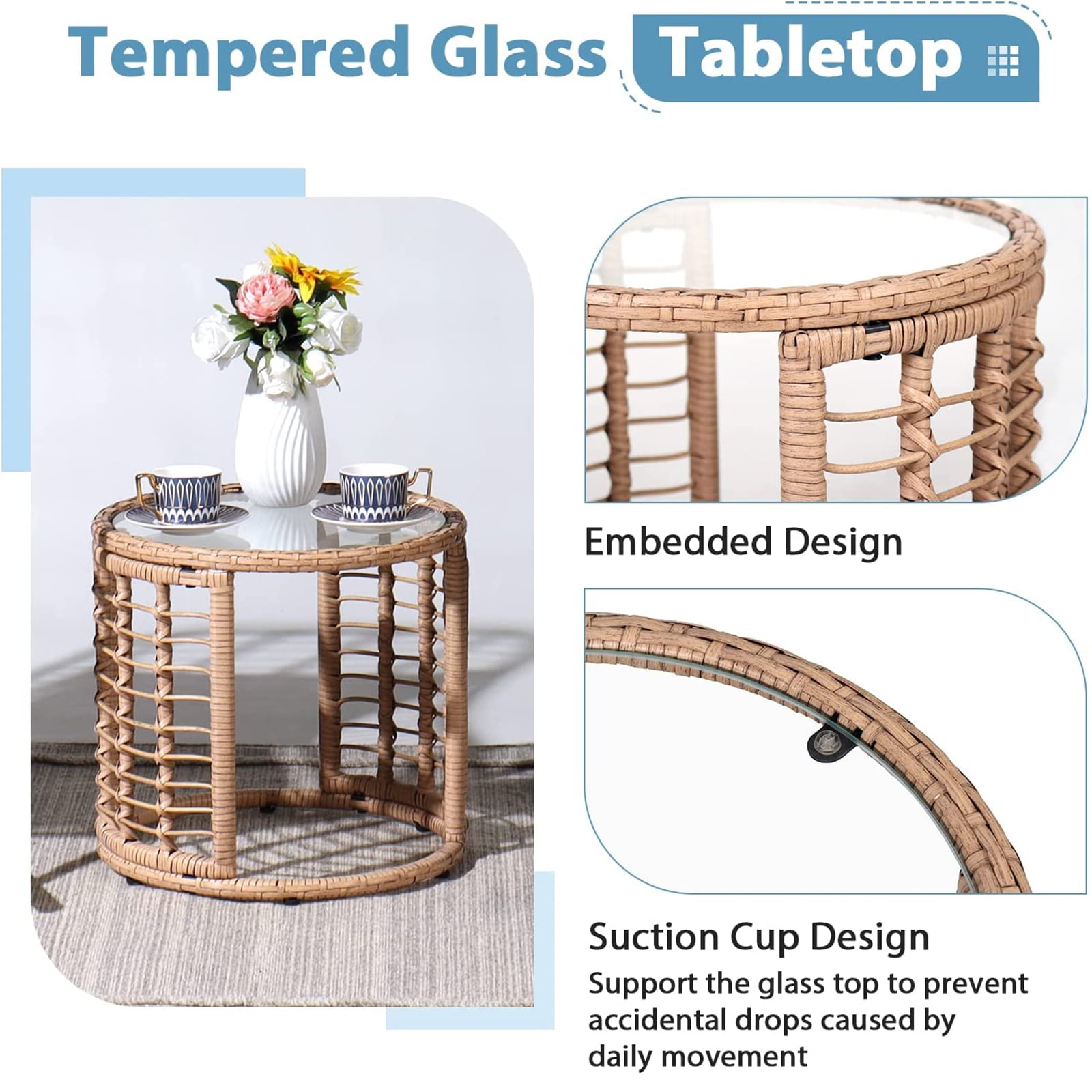 Outdoor Wicker Side Table, Patio End Table with Tempered Glass Top, All-Weather PE Rattan Round Coffee Table, Iron Frame, Beige