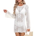 thumbnail image 2 of Women Swimsuit Cover up Flower Printed Bikini Long Sleeve Beach Crochet Tops Hollow Out Coverup Alsol Lamesa, 2 of 6