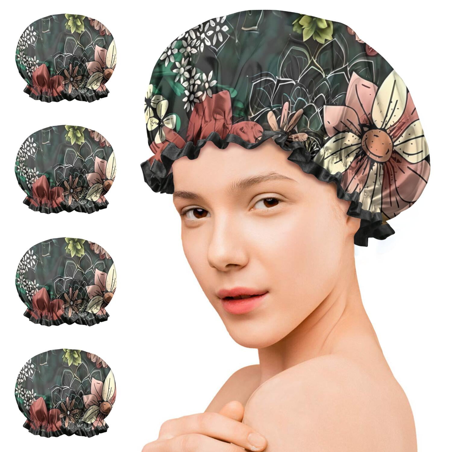 Shower Caps,Pioneer Flower Floral Print Pattern Waterproof Shower Cap for Women 4 Pieces,Double Reusable Hair Cover for Shower PEVA Elastic Stretch Hem