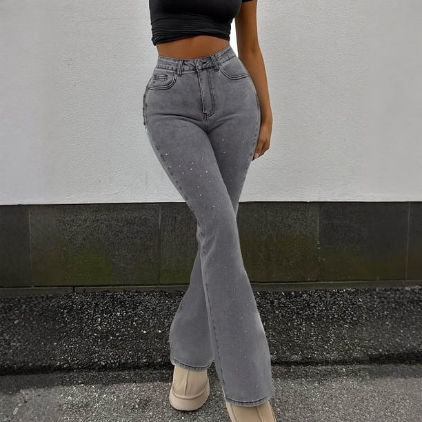 TaTaai Women Stretch Slim High Waisted Flared Jeans Street Fashion Casual Denim Pants with Pockets for Daily Gift