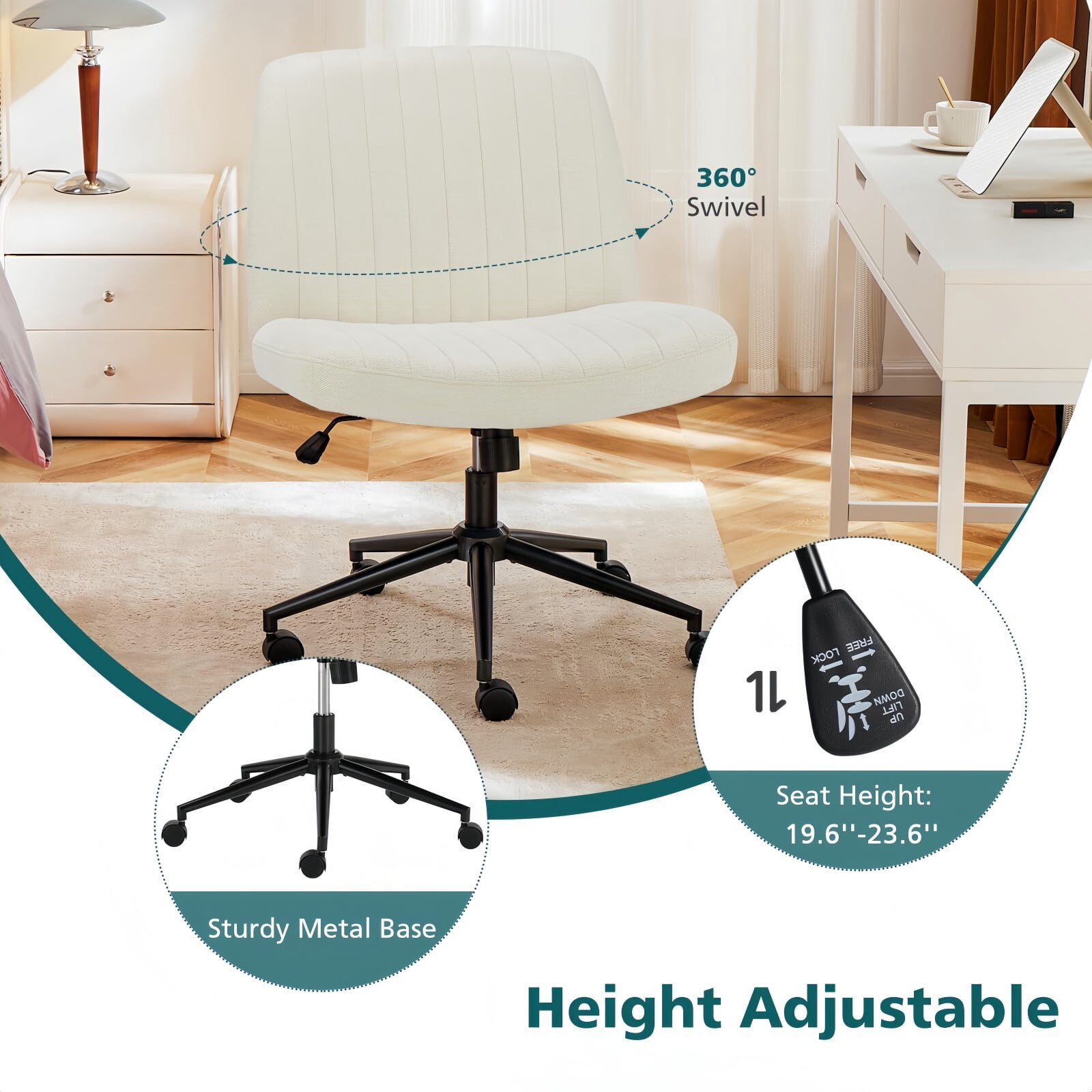 Kelno Armless Criss Cross Office Chair with Wheels 300lb Capacity Wide Seat Cross Legged Desk Chair Height Adjustable Swivel Vanity Chair, Beige Linen