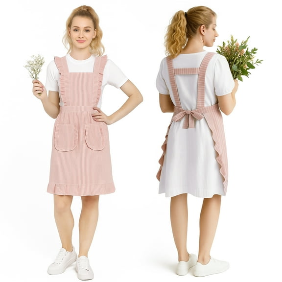 TOPTIE Striped Ruffle Apron with 2 Pockets for Women, Cute Apron for Cooking Kitchen Painting Gardening - Pink