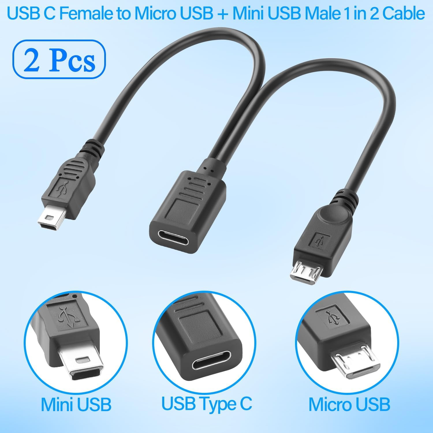 HRTGFD-USB C to Micro & Mini USB Splitter Charging Short Cable 1 in 2 USB Type C Female to Micro USB Male+Mini USB Male Y Connector Extension Cable 5V3A, No Data Transfer, 30cm/11.8in, 2Pcs