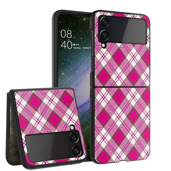 ANJ  Hard Protective Printed Case Cover Compatible with Samsung Galaxy Z Flip 4 - Pink/White Plaid