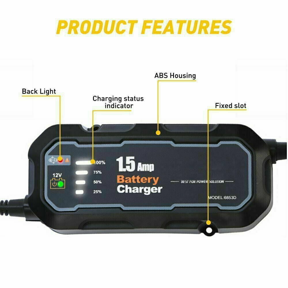Smart Battery Charger and Maintainer 12V, 1.5A Fully Automatic, 4-Stage Trickle Charger for Car, Marine, Lawn Mower & Lead-Acid Batteries (AGM, GEL)