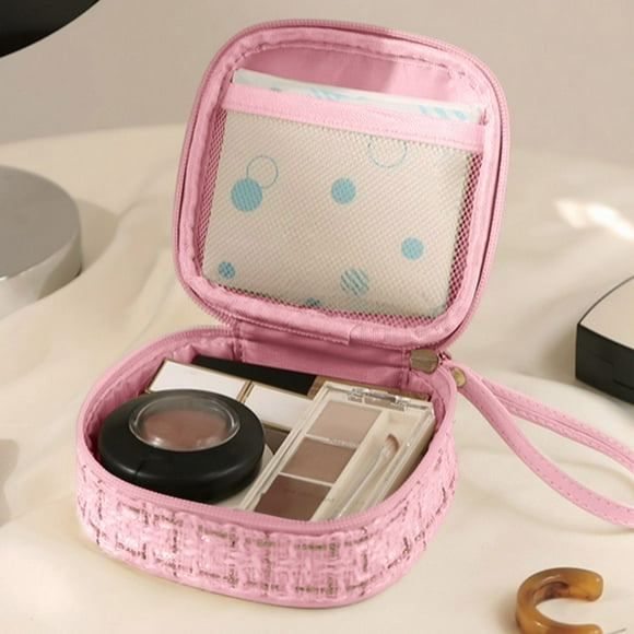 Neceser pequeño para bolso, mini neceser con bolsillo interior, compacto, de lana suave con estampado de cuadros dorados, para productos femeninos y artículos de viaje.,Vsgery