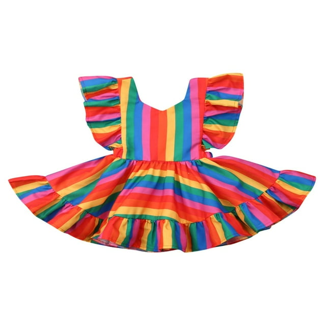 MesaSe Toddler Infant Kids Little Girls Ruffle Sleeve Colorful Striped Back Adjustable Straps Summer Dress Multi-color 2-3 Years
