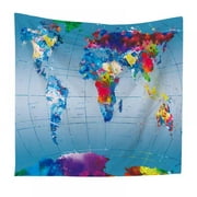 Washable Wall Hanging Watercolor World Map Tapestry,Retro Colorful world map printed household Decor Bedroom Living Room Wall Hanging Art
