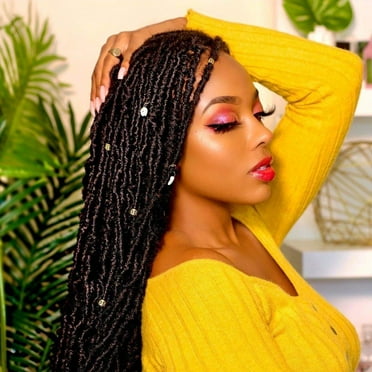 Nu Faux Locs Hair Extension Pre-looped Super Long Goddess Locs Crochet Braid Synthetic Fiber 21 Strands Hand Made Braiding Hair for Women Curly Wavy (18Inch, 1B)