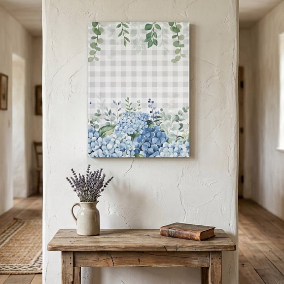 Ships Next Day Canvas Wall Art 24"x36",Blue Flower Wood Framed Canvas Print Painting,Grey Plaid Hydrangeas Eucalyptus Leaves Ready to Hang Large Picture Wall Decor for Home Bedroom Living Room Office