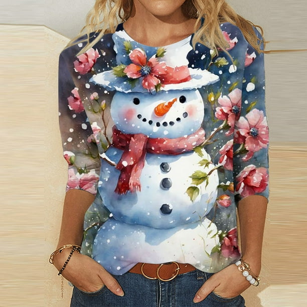 zanvin Christmas Shirts for Women Xmas Tree Printed 3 4 Sleeve Tops Blouses Dressy Casual Crew Neck Holiday T Shirts Clearance Sale White L