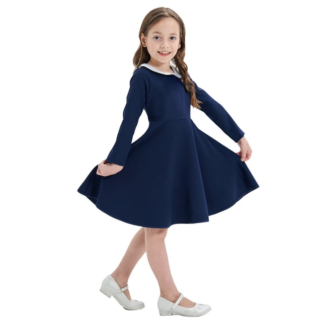 Zanarzt Robe à Manches Longues de Noël pour Tout-Petite Fille, Robe T-Shirt Vintage à Manches Longues Décontractée pour Filles, Bleu Marine, 2-3 Ans