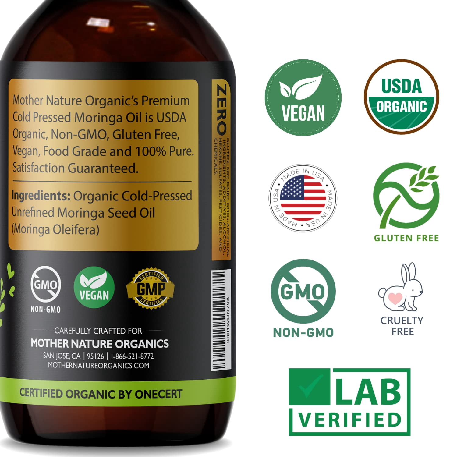 Mother Nature Organics USDA Organic Moringa Oil, 100% Pure Cold-Pressed, Natural Face, Hair & Body Moisturizer, 4 fl oz
