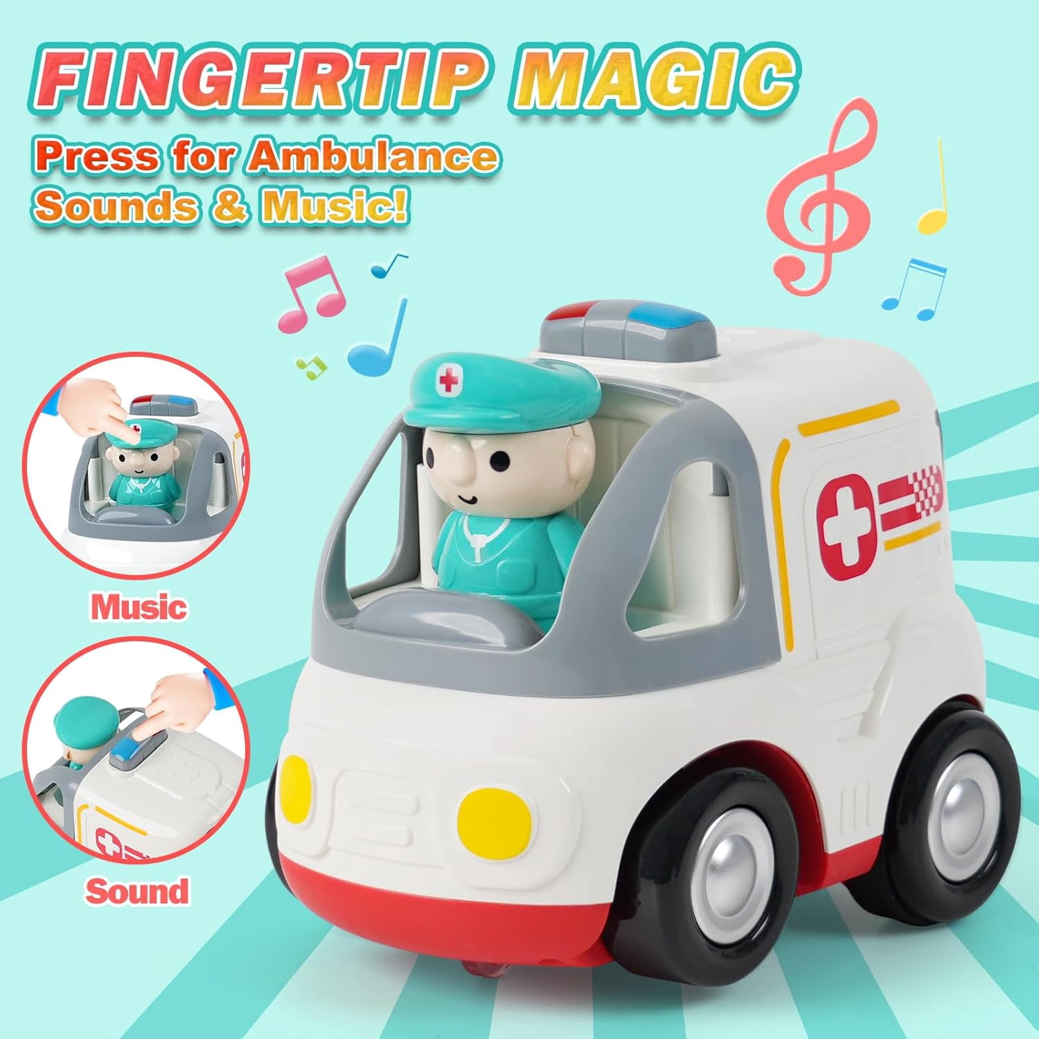 HYPERLIVING Remote Control Car for Kids - Cartoon RC Ambulance Toy for Toddlers 18+ Months, Ages 2 3 4 5 Years Old, Birthday Gifts for Boys with Lights & Sounds & Music