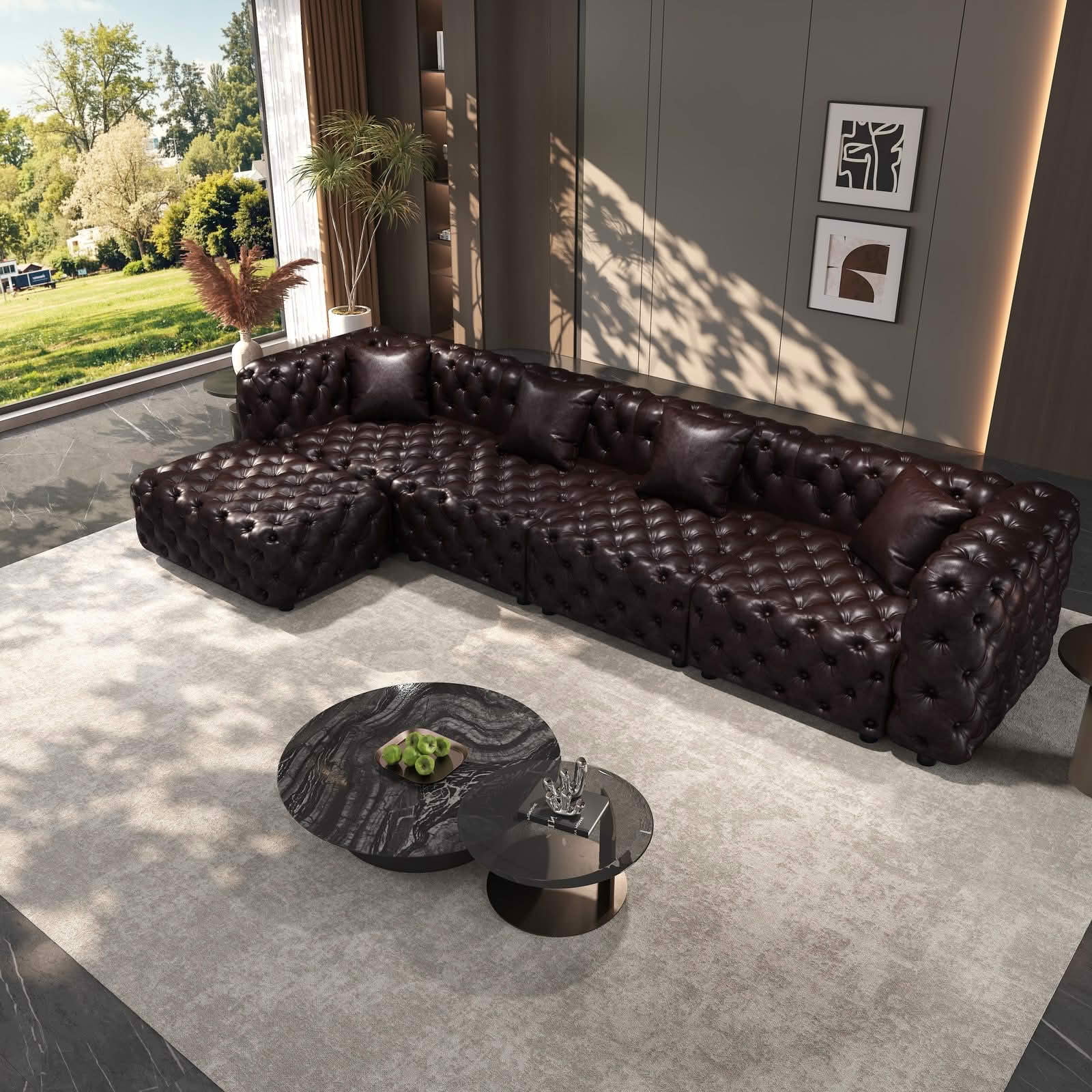 MAYEERTY 134.4" 4‑Seat Faux‑Leather Modular Sofa Set, Handcrafted Button Tufted Couch with Ottoman & 4 Pillows for Living Room & Small Apartment