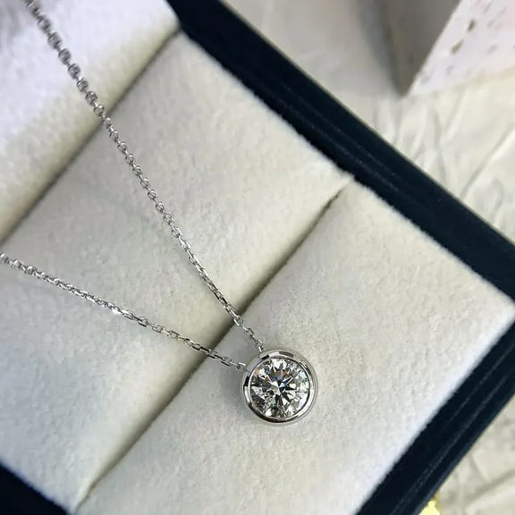 1.00ct Round Cut Real Moissanite Bezel Style Necklace For Women Perfect Gift For Her 18k White, Yellow  Gold Plated