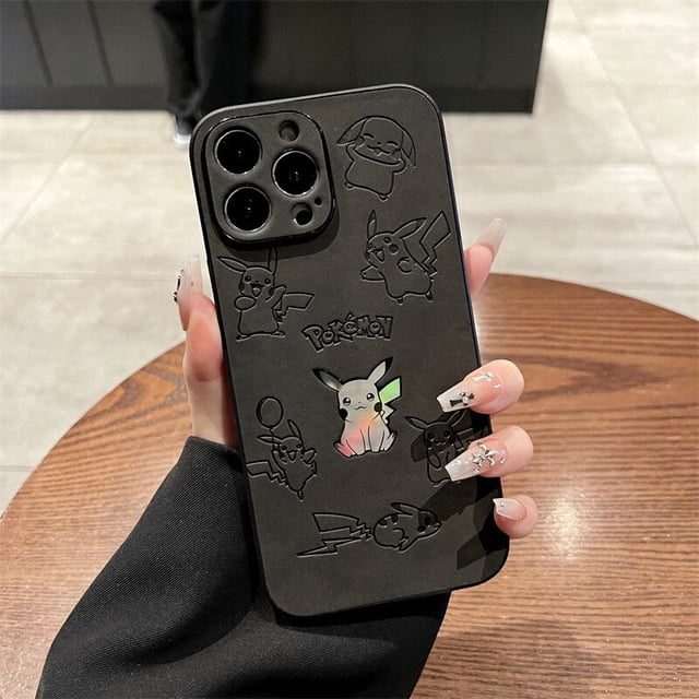 Funda de teléfono de dibujos animados láser en relieve de cuero de Anime Pokemon Pikachu para iPhone 14, 13, 12, 11 Pro Max, Xr, X, 7, 8, 14 Plus, Linda funda Fivean unisex