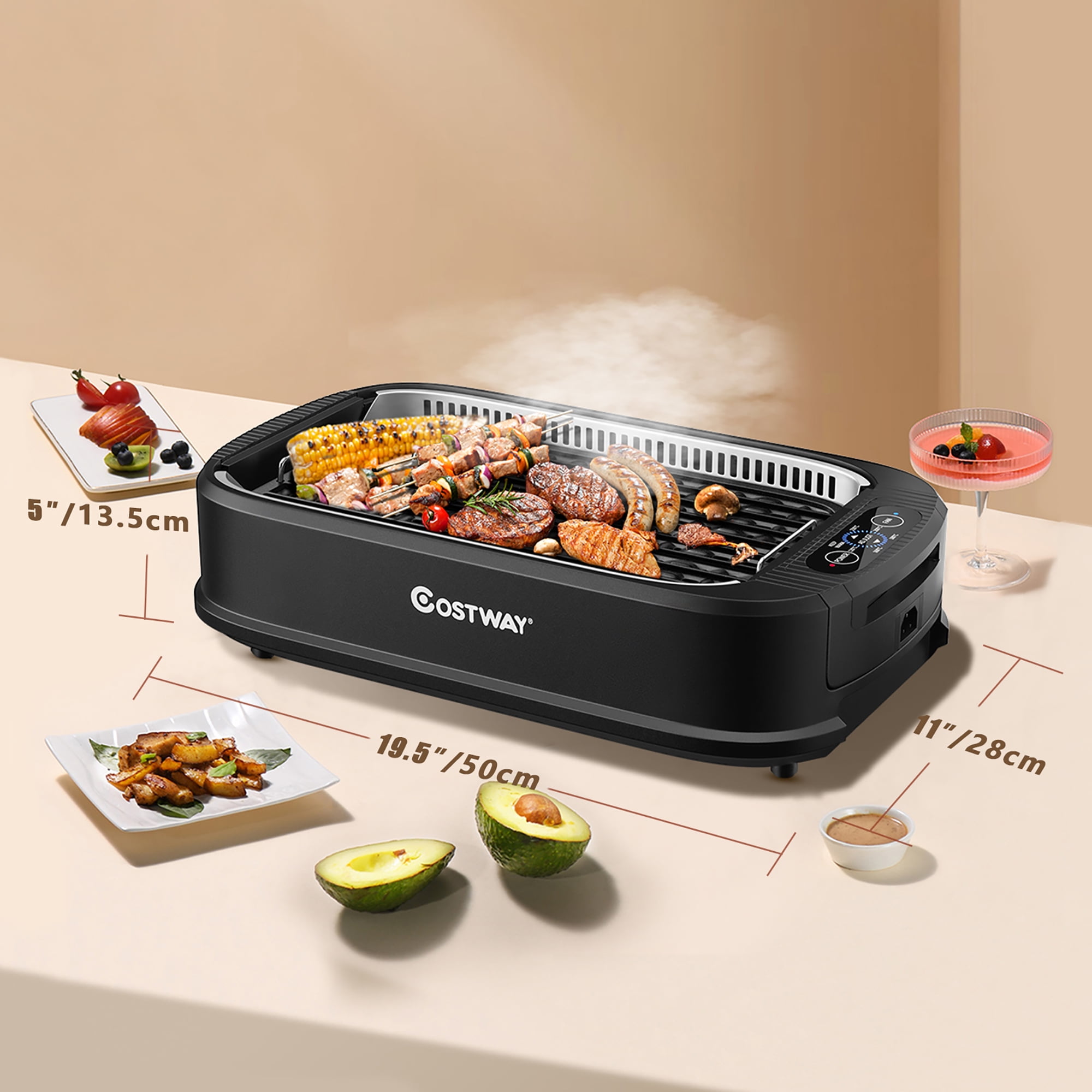Smokeless Portable BBQ Indoor Barbecue Grill Water Filled Drip Tray Reduced Odour Smoke 5 Temperature Controls 1500W Portable Electric Table Top Grill BBQ Barbecue Garden Camping Cooking 