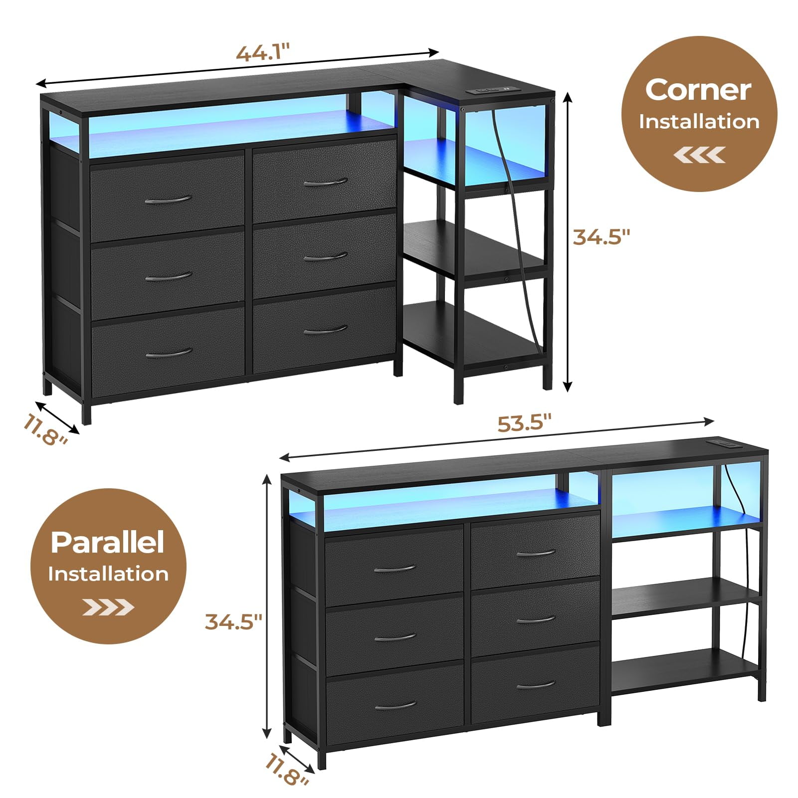 Afuhokles 6 Drawer Dressers for Bedroom with Charging Station and LED Light, 6 PU Drawers, 3 Open Shelves, Black