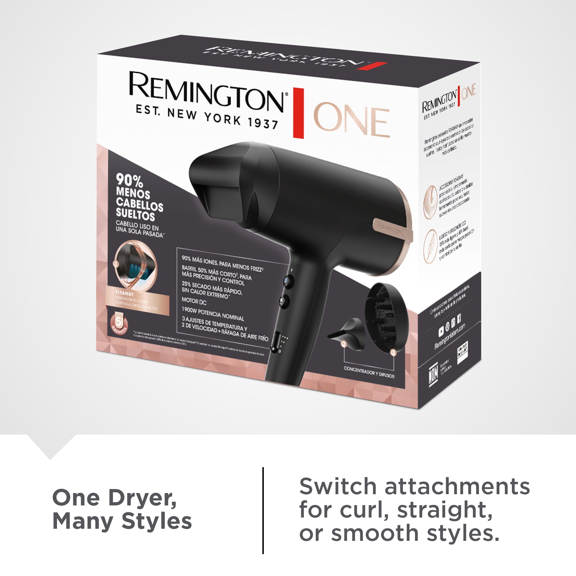 Remington ONE Ionic Hair Dryer, Ceramic, with Diffuser, Flyaway Tamer & Concentrator, Black