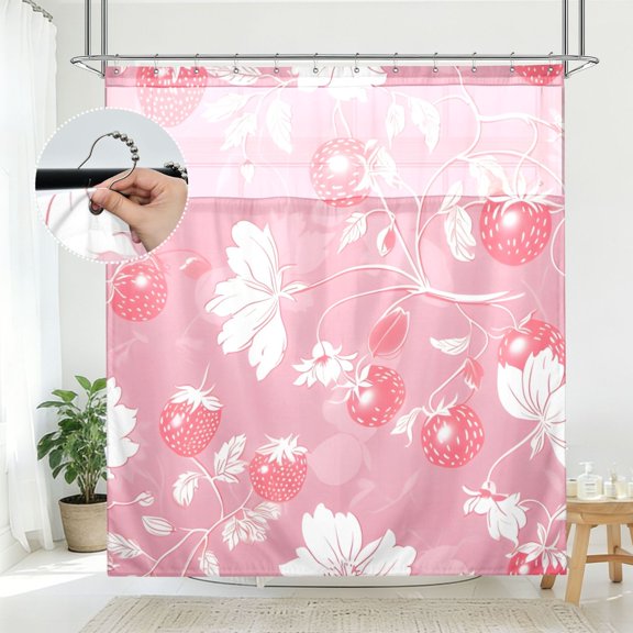 BZSMCE Strawberry White Leaves Pattern Pattern Bathroom Shower Curtain Set with Hooks Waterproof Double Layer Fabric 72×78 Inch