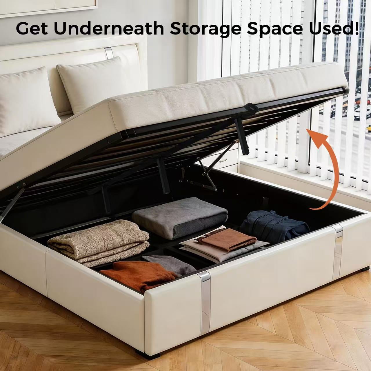 Mintazer Full Lift Up Storage Bed Frame with LED Lights & Charging Station, Upholstered Platform Bed with Adjustable Headboard for Bedroom, White