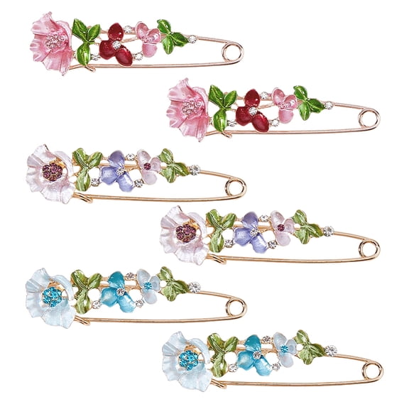 6Pcs 3 Styles Rhinestone Flower Safety Brooches Flower Safety Decorative Pins Brooch Clip Vintage Rhinestone Flowers Safety Pins Brooch