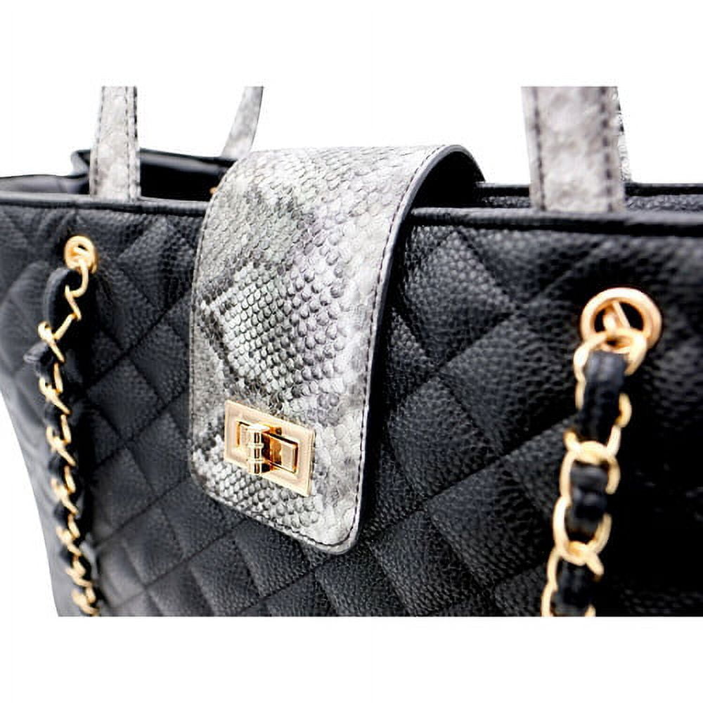 Bhumane Laptop Tote Shoulder Bags (up to 15.6 inch) Water Resistant Quilted Handbag Large Capacity with Padded Compartment Business Work Office Compatible with MacBook & Notebook (Black w gray snake)