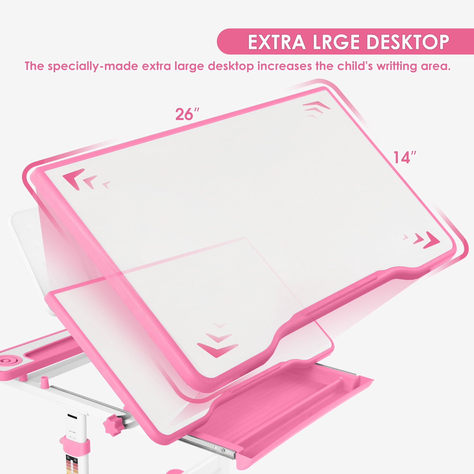 Kids Study Desk and Chair Set Children Height Adjustable Large Writing Board Table with LED Lamp, Drawer, Bookstand (Pink)