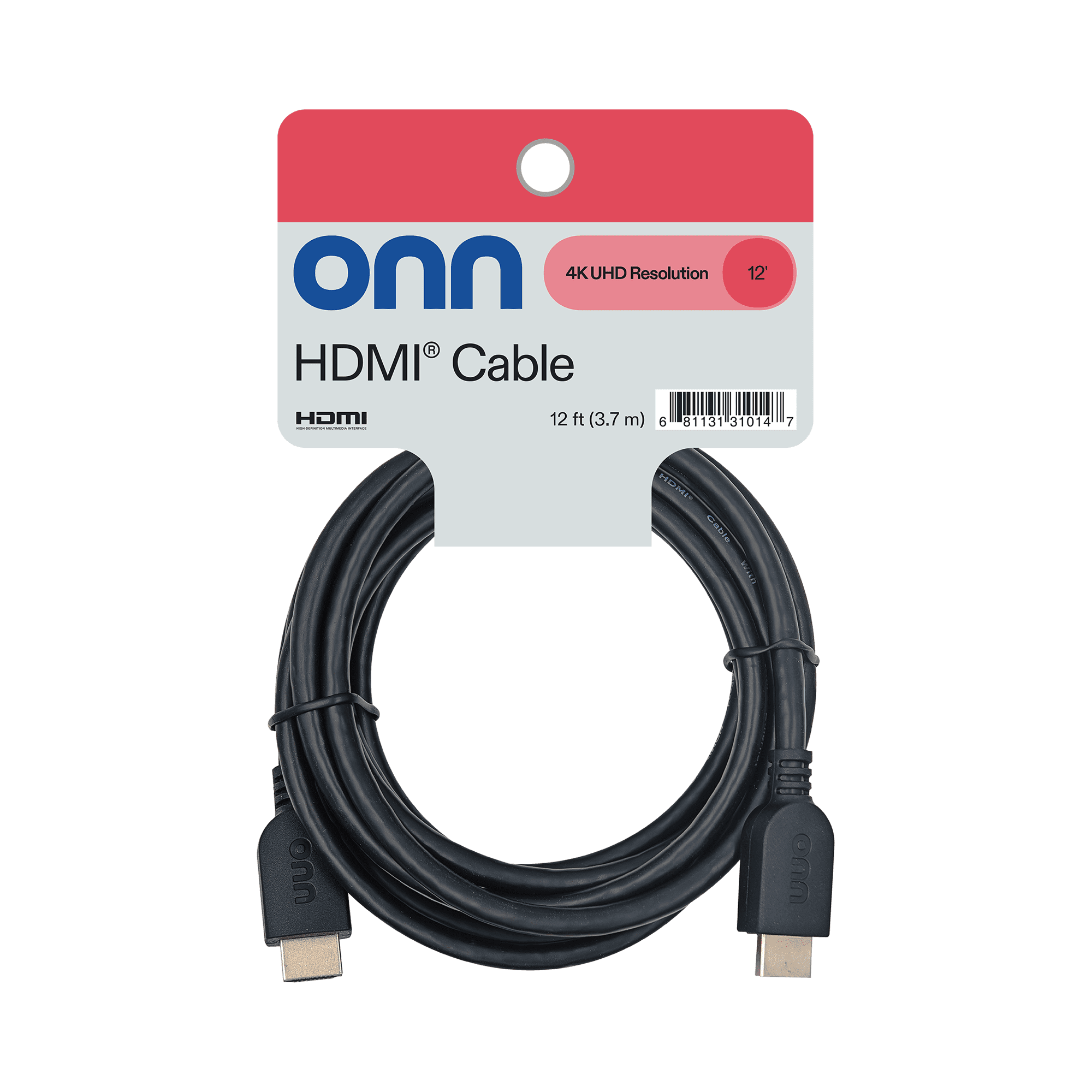 Onn. 12' Premium HDMI Cable, Black Color