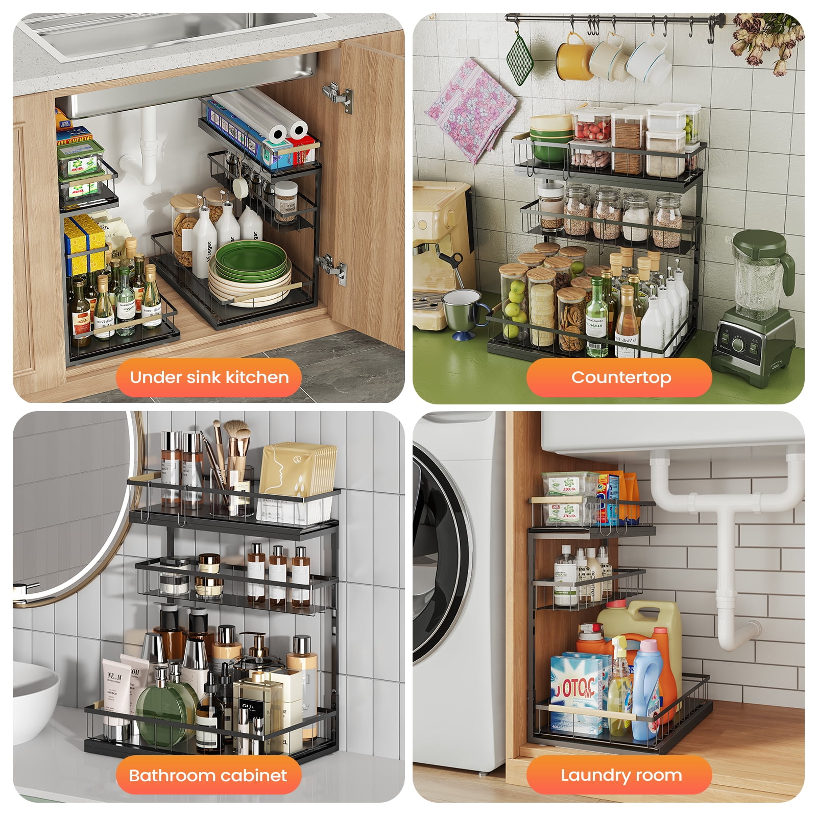 Alow Under Sink Organizer and Storage for Bathroom and Kitchen - 2 Pack Pull Out Under Cabinet Shelf Organizers - 3 Tier Sliding Out Drawer Organization for Home Cabinets Shelves and Drawers