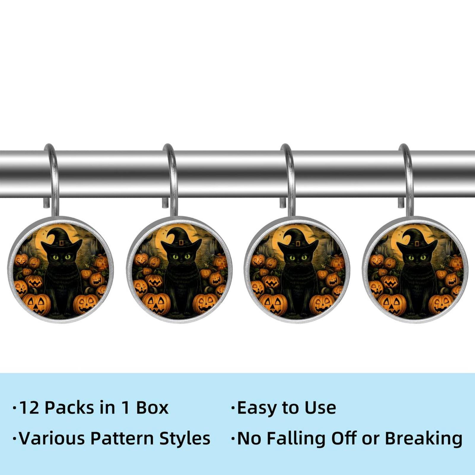 12pcs Decorative Shower Curtain Hooks, Rust Resistant Shower Rings for Bathroom Living Room,Rustproof Stainless Steel Rings for Shower Curtain and Liner Rods,Halloween Cat S
