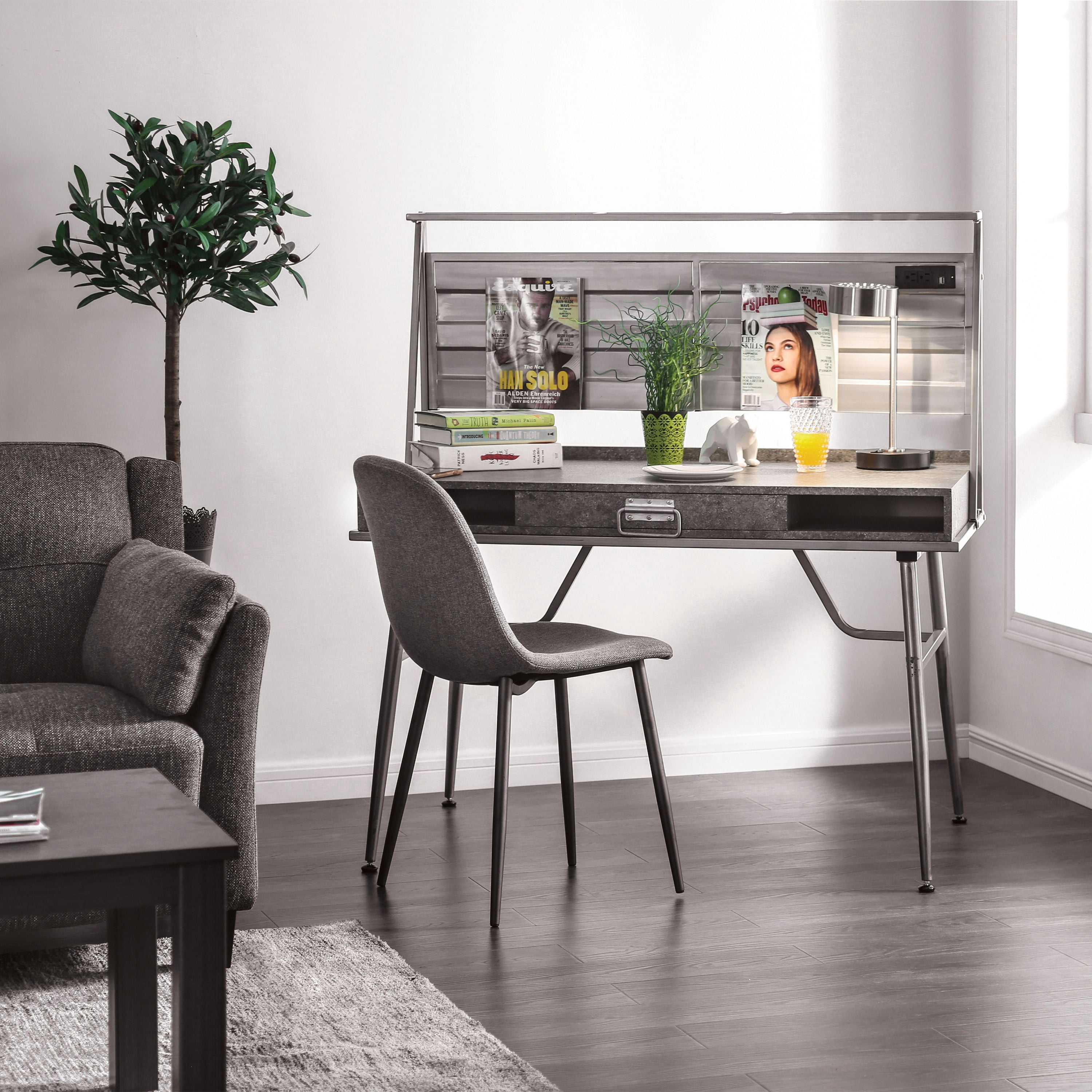 Furniture of America Jairo Industrial Metal Writing Desk with USB Outlet in Silver Finish
