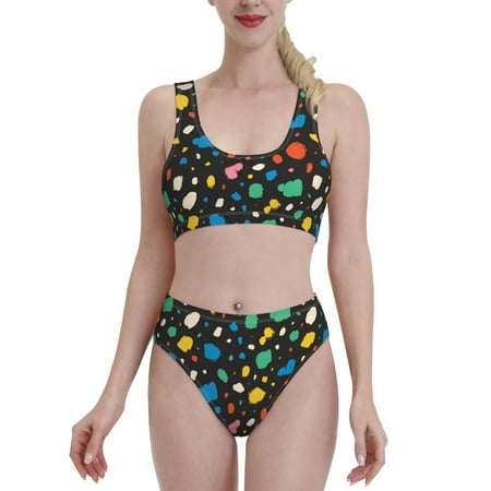 High Waisted Bikini Sets For Women  Bright Colors Spots Two Piece Swimsuit Sporty Scoop Neck Bathing Suit
