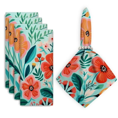 

Bahomeck Napkins Set Of 4 Reusable Washable Square Fabric Dining Table Napkins Weddings Party Dinner Decor 18*18 Inch Flowers And Leaves In Bright Colors Against An Aqua Background