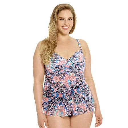 Crossover Swimsuit - Women's Plus-Size Fly-Away Mesh Crossover Flare Swimsuit Top - Whimsical Mix - 1X (16W-18W)