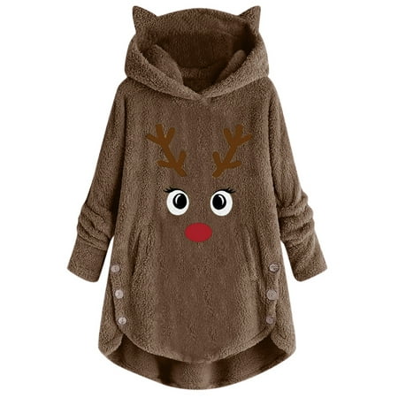 

Women Christmas Reindeer Pajamas Fuzzy Fleece Hooded Winter Holiday Jacket Coat Ladies Long Sleeve Sleepwear Nightwear Plus Size