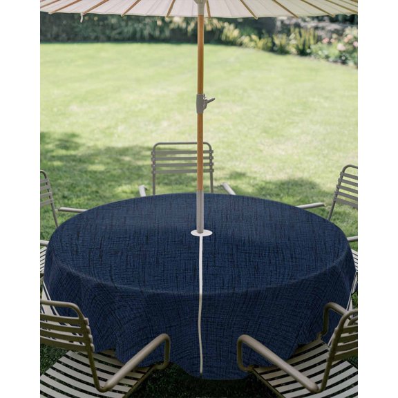 Outdoor Tablecloth with Umbrella Hole, Vintage Navy Blue Zippered Table Cloth for Square Tables, Modern Minimalist Stripes Washable Waterproof Tablecloths for Picnic Patio Garden