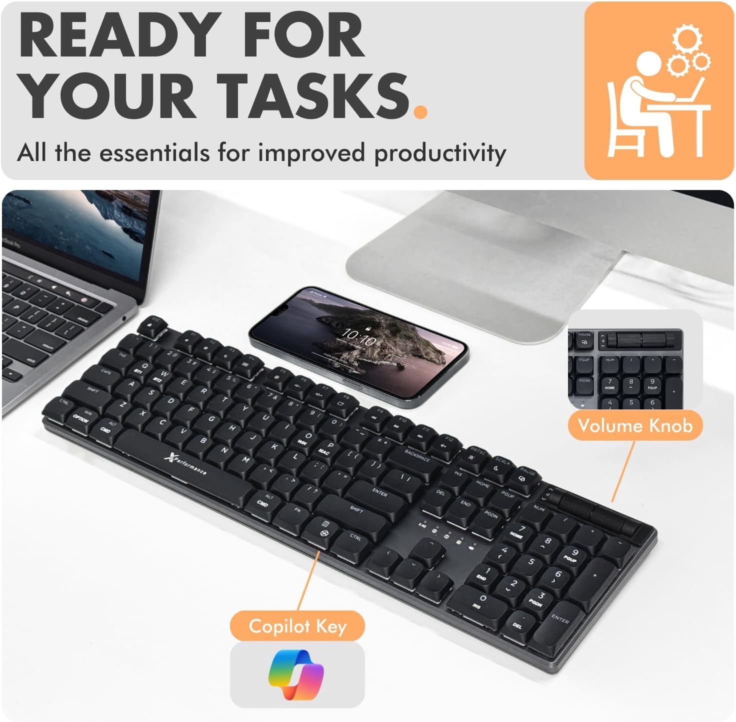 X9 Performance Low Profile Mechanical Keyboard Wireless (Wired + BT + 2.4Ghz) - Triple Mode Connectivity, Red Switches, Backlit, 107-Key - Slim Bluetooth Mechanical Keyboard for Mac and PC