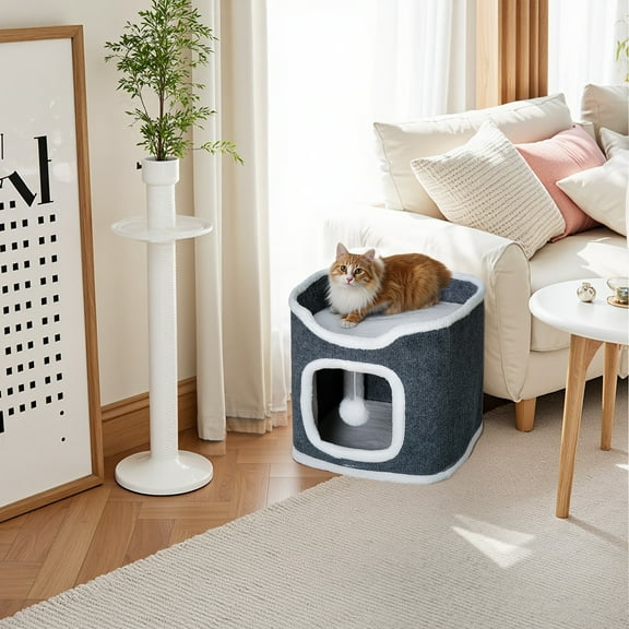 Multi-Level Foldable Cat Tree Towers for Indoor - Cat Furniture,Interactive Hanging Toy Ball,Cat Tree House,Cat Hideaway, Scratch-Resistant Design,Contemporary Style, Dark Gray Fabric with Beige Trim