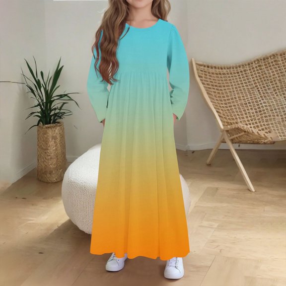 BLTIBY Girls Long Sleeve Dresses Casual Round Neck Gradient Printed Shift Everyday Dress with Pockets Blue 4-5 Years