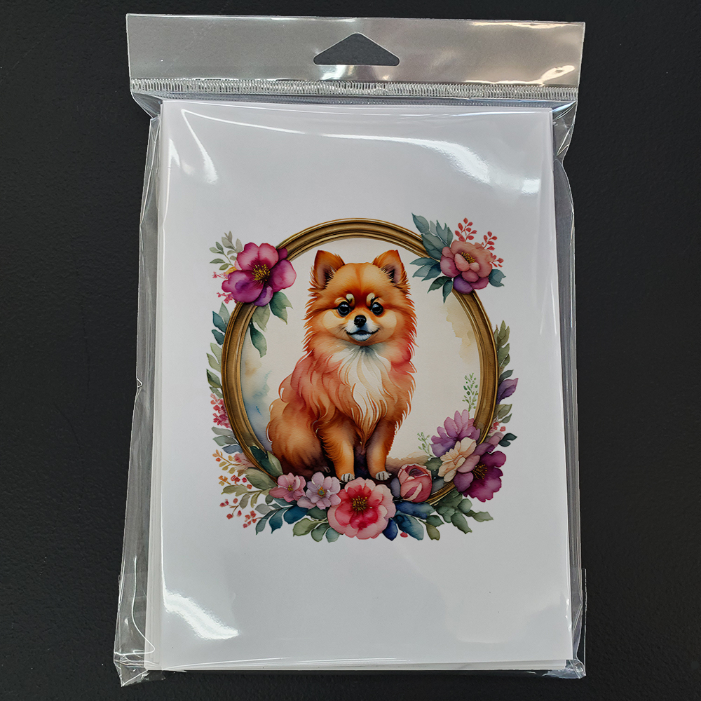 Pomeranian and Flowers Greeting Cards and Envelopes Pack of 8 7 in x 5 in
