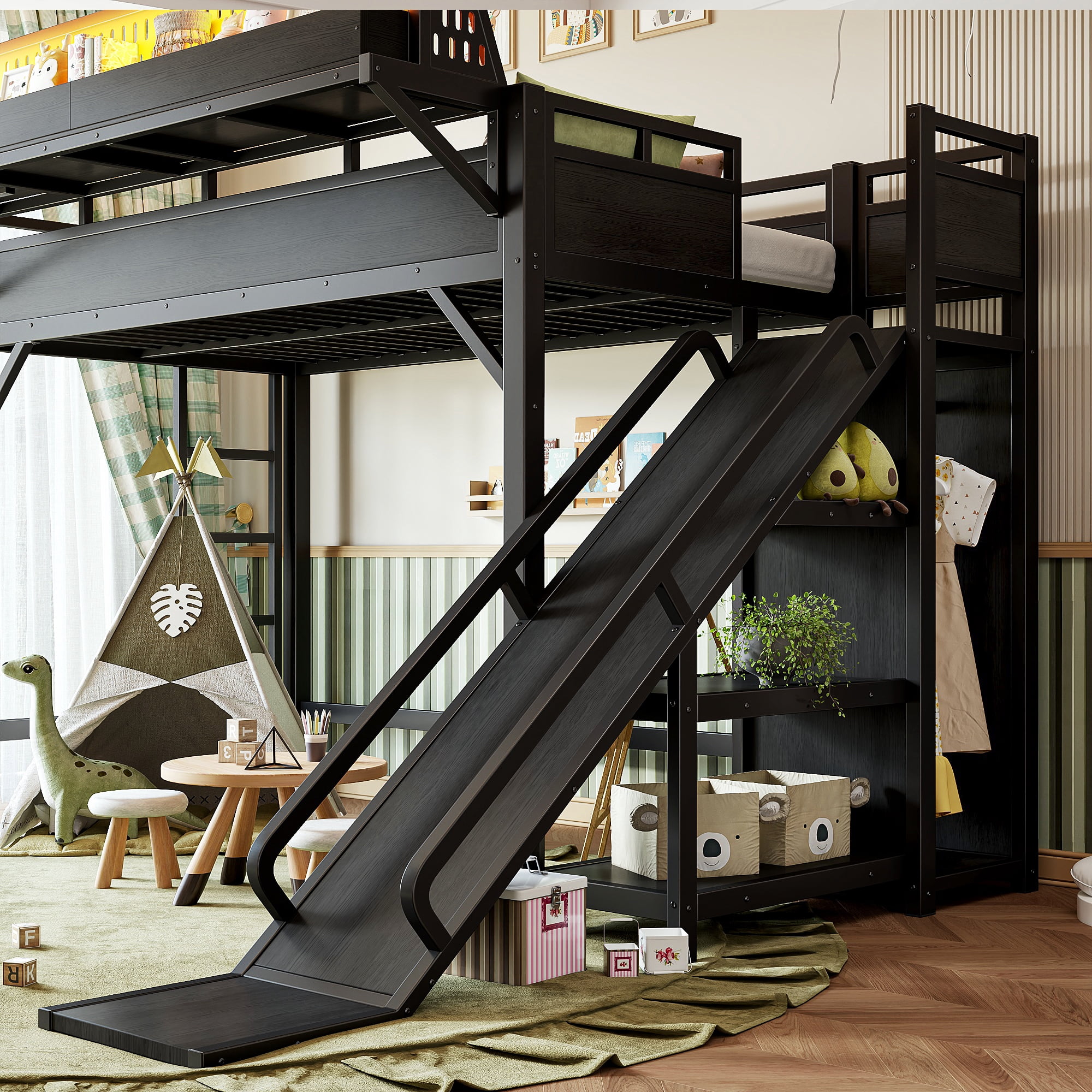 Leumius Twin XL Size Loft Bed with Slide,Storage Shelves and Built-in Wardrobe,Metal Loft Bed Frame with USB Ports and LED Lights,Pegboard,Safety and Solid,