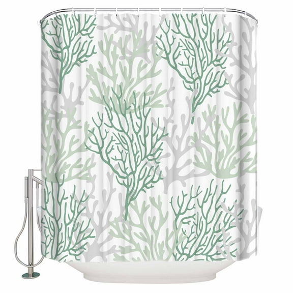 Small Stall Shower Curtain 36x72 Inch Narrow Half Size Sage Green Coral Coastal Bath Curtains Bathroom Decor Summer Beach Seaside Nautical Waterproof Fabric Shower Curtain Set with Hooks 36 Inch