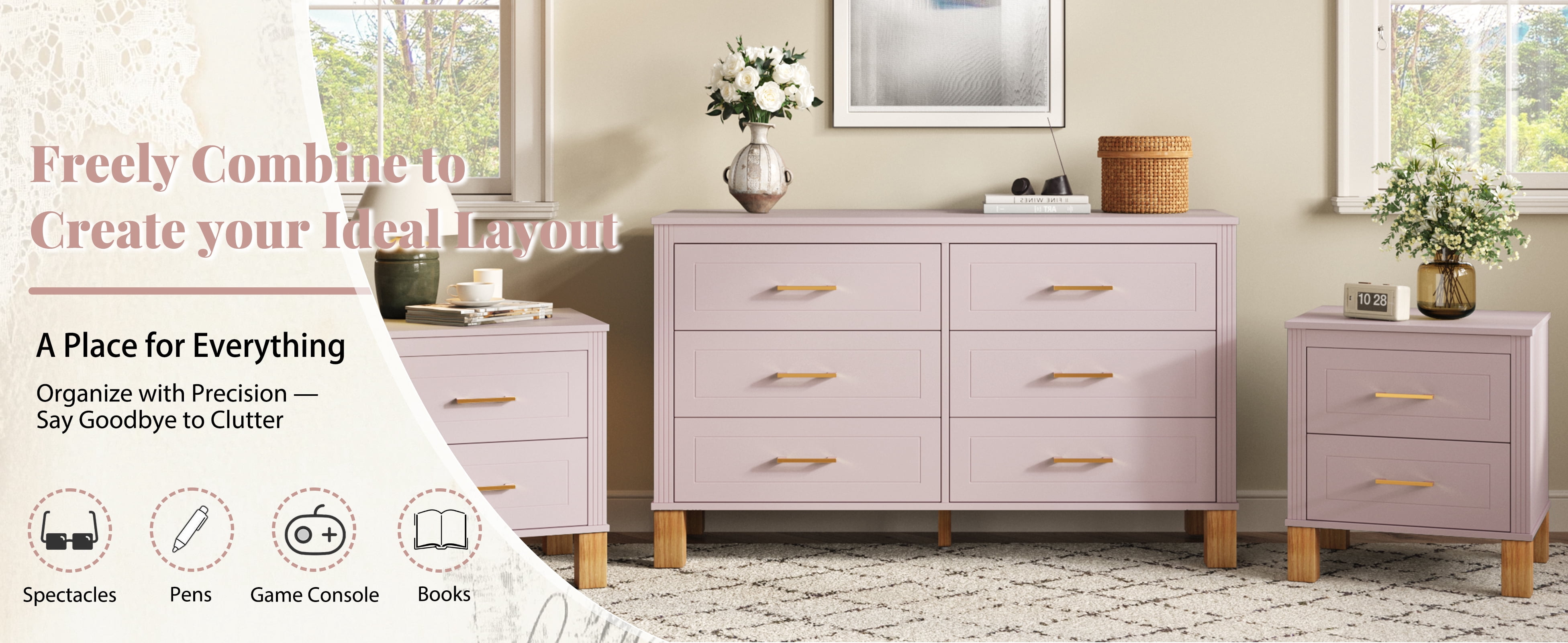 2 Drawer Nightstand, Premium Wood Storage with Elegant Fluted Design, Solid Wood Legs Nightstand with Metal Handle, Tall Bedside Table for Bedroom Living Room, Pink