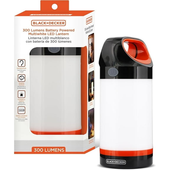 BLACK DECKER 300LM LED Lantern, Multiwhite 360° Illumination with 5 Light Modes, Frosted Exterior, Folding Hook, up to 12 Hours Runtime, AA Battery Operated, IP65 Waterproof for Camping, Hiking, DIY